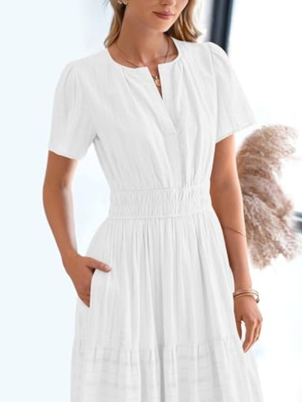 🆕 Summer Dress for Women Maxi Dress Lightweight Short Sleeve V Neck Elastic